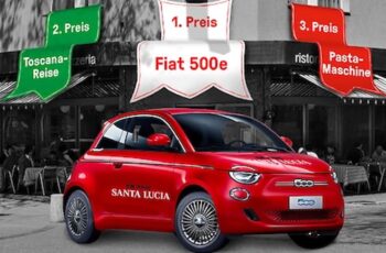 Gewinne einen Fiat 500E, eine Reise in die Toskana, eine Pastamaschine und vieles mehr Gewinne einen Fiat 500E, eine Reise in die Toskana, eine Pastamaschine und vieles mehr