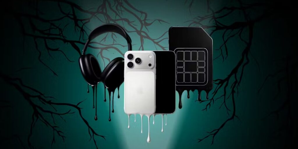 iPhone 17 Pro, AirPods Max und yallo Black Max Sim-Karte im Halloween-Design