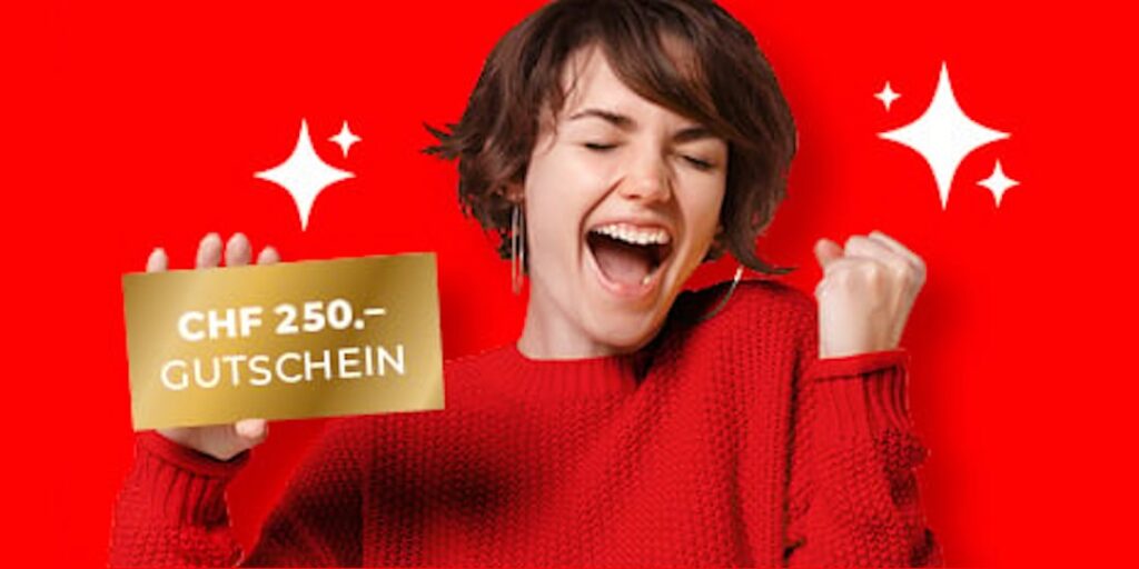 Jubelnde Frau mit CHF 250 Angela Bruderer Gutschein in der Hand