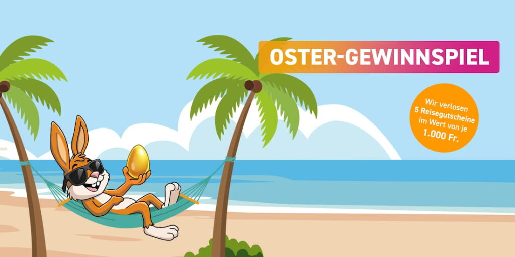 ltur Osterwettbewerb: Osterhase mit Sonnenbrille und goldenem Ei in einer Hängematte am Strand – 5 Reisegutscheine im Wert von je CHF 1'000 zu gewinnen
