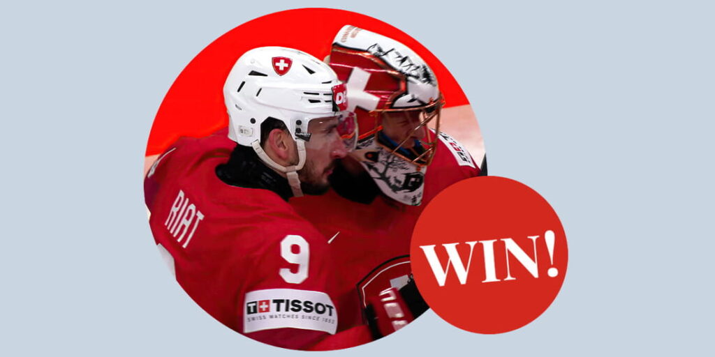 Schweizer Eishockey-Nationalspieler Riat #9 jubelt – Signiertes Nati-Trikot gewinnen