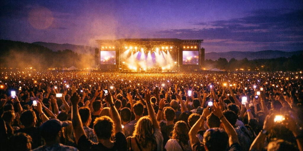Riesige Menschenmenge mit Handylichtern vor beleuchteter Hauptbühne bei einem Open-Air-Konzert bei Nacht