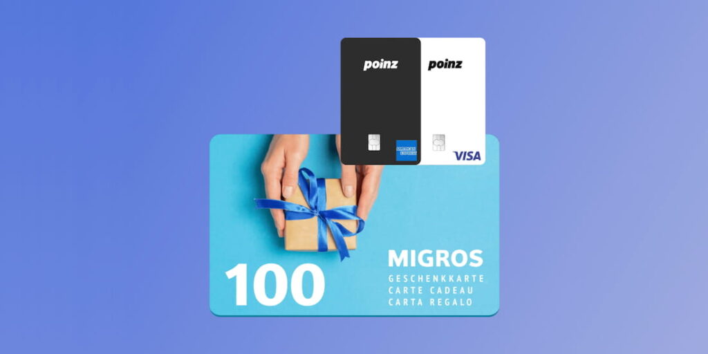 poinz Cashback Kreditkarten (American Express und Visa) neben einem CHF 100 Migros Geschenkkarte – Wettbewerb 2026