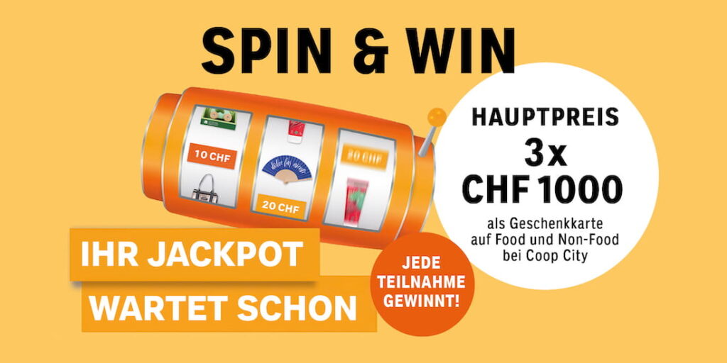 Coop City Spin and Win Gewinnspiel – Glücksrad-Illustration mit Hauptpreis 3 x CHF 1'000 Geschenkkarte