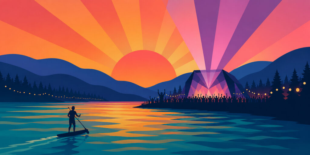 Lakelive Tickets gewinnen – Illustration vom Festival am Bielersee bei Sonnenuntergang mit Stand-Up-Paddler