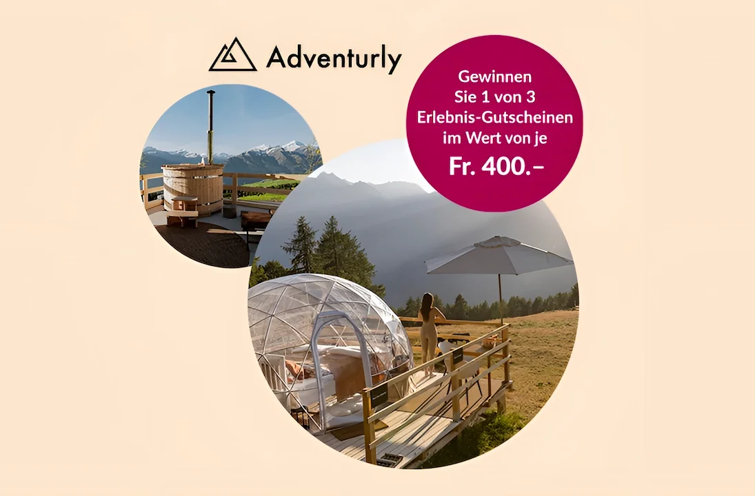 Bubble-Suite Übernachtung von Adventurly: transparenter Glamping-Dome mit Hot Tub und Bergpanorama in den Schweizer Alpen