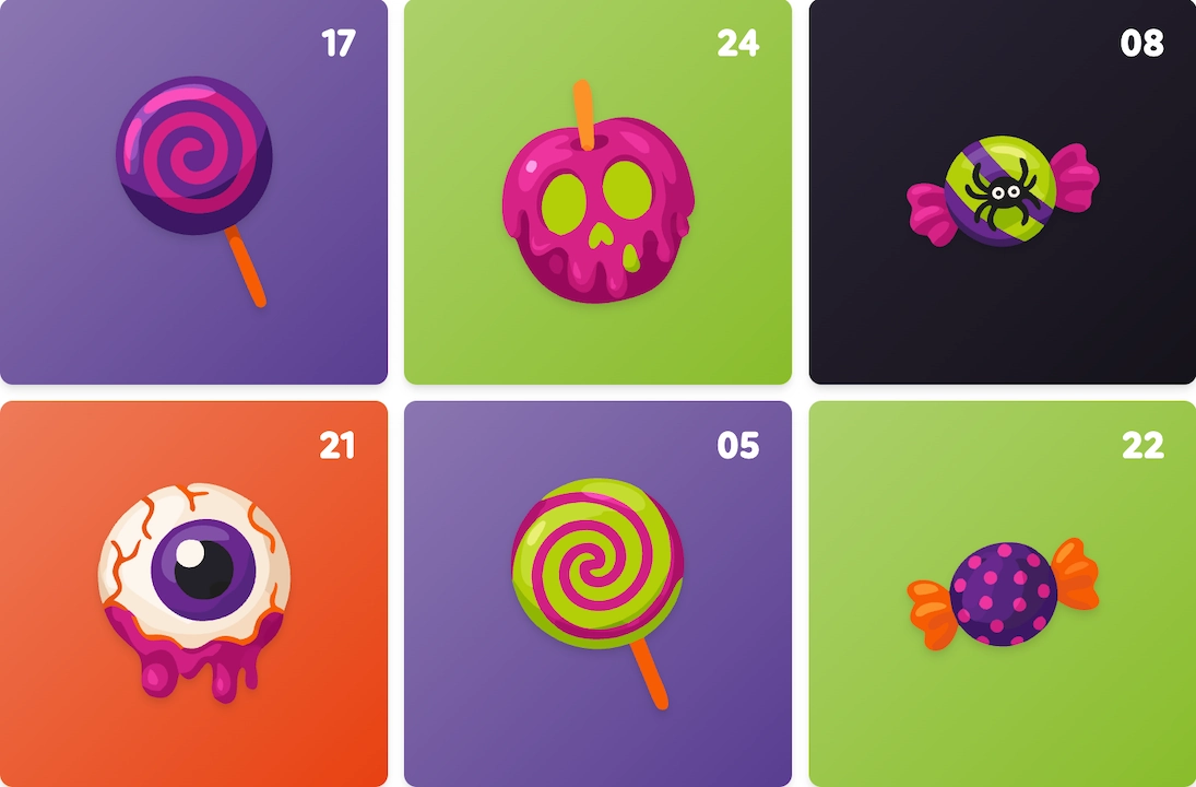 Halloween-Kalender Gewinnspiel von Sweets.ch: Türchen mit Lollipops, Totenkopf-Karamellapfel und Spinnen-Bonbon